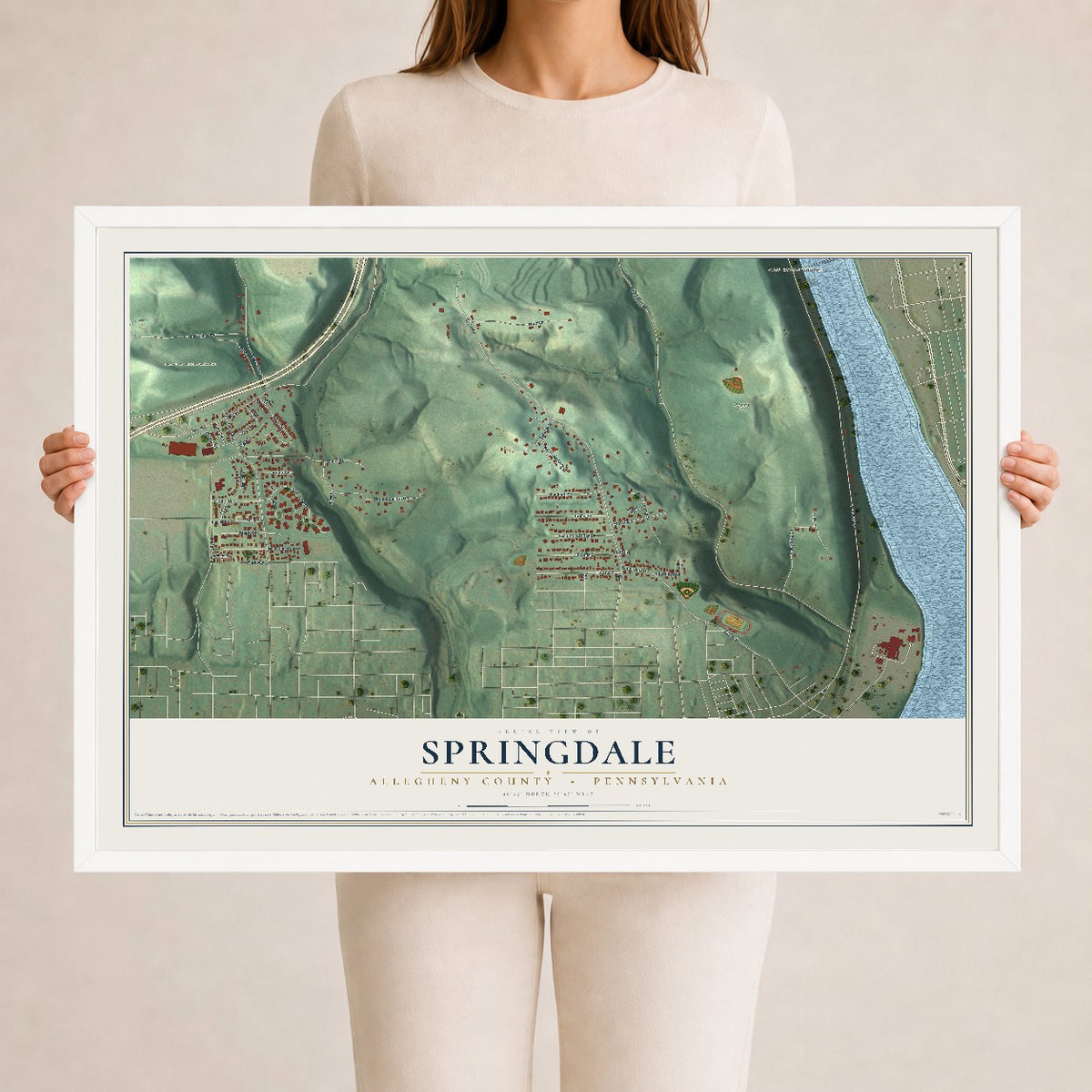 Map of Springdale, Allegheny County, Pennsylvania, 24 x 36 inch print in a white wood frame