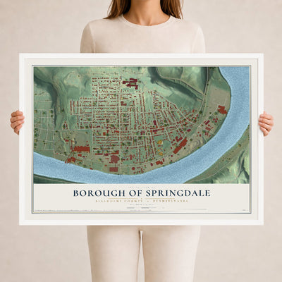 Map of the Borough of Springdale, Allegheny County, Pennsylvania, 24 x 36 inch print in a white wood frame