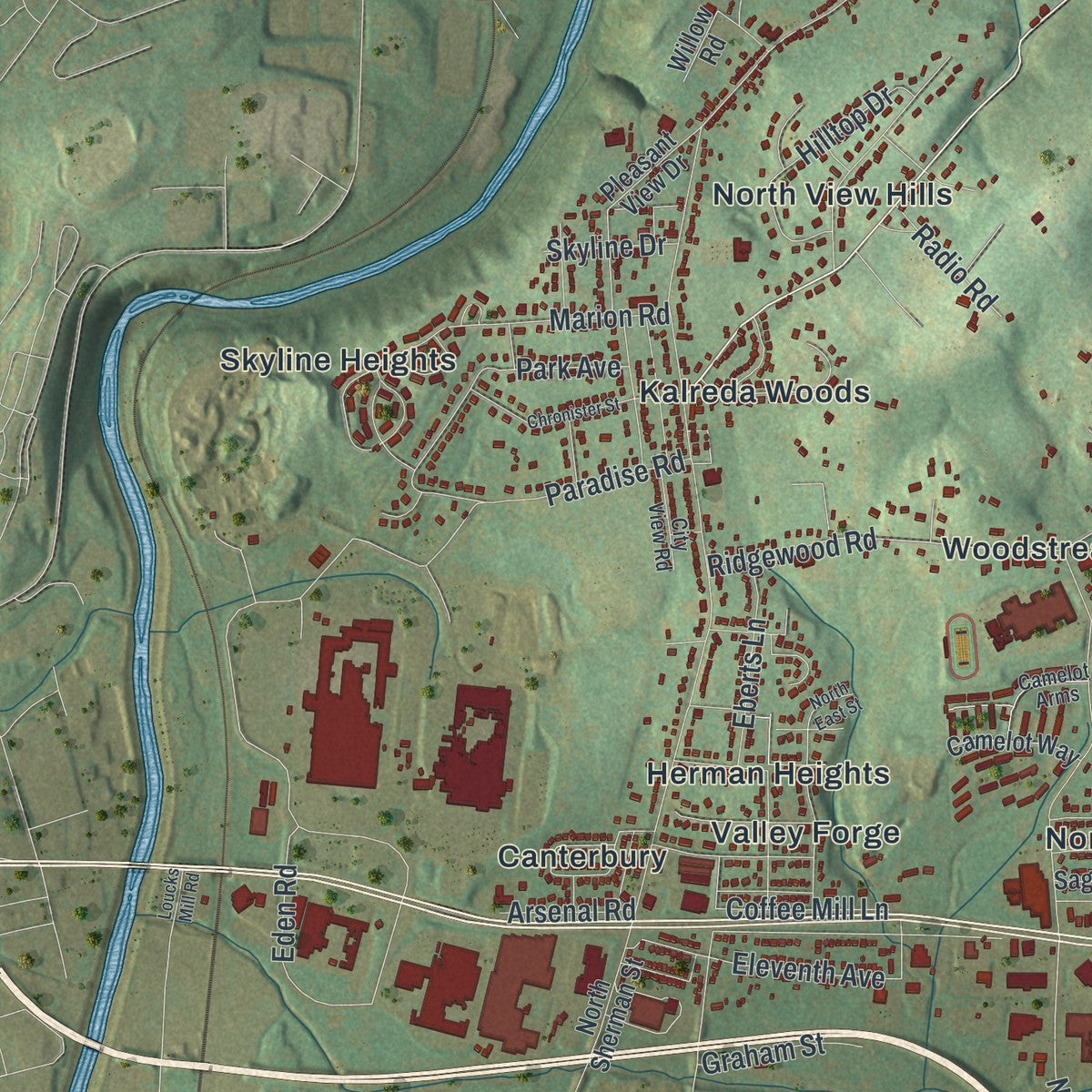 Second close-up of the map of Springettsbury, Pennsylvania print showing more streets and buildings