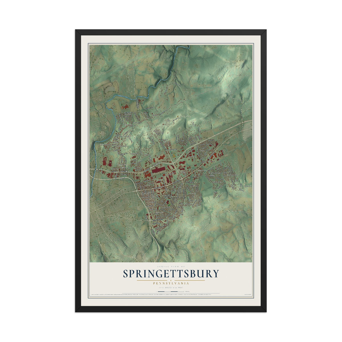 Map of Springettsbury, Pennsylvania, 12 x 18 inch print in a black wood frame