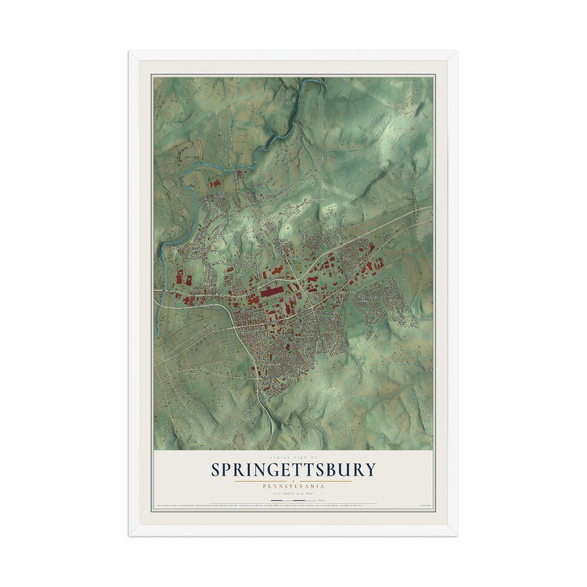 Map of Springettsbury, Pennsylvania, 12 x 18 inch print in a white wood frame