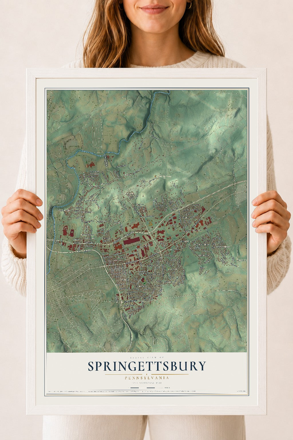 Map of Springettsbury, Pennsylvania, 18 x 24 inch print in a white wood frame