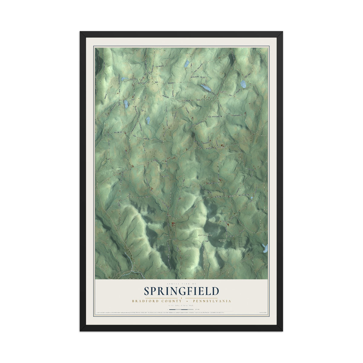 Map of Springfield, Bradford County, Pennsylvania, 12 x 18 inch print in a black wood frame