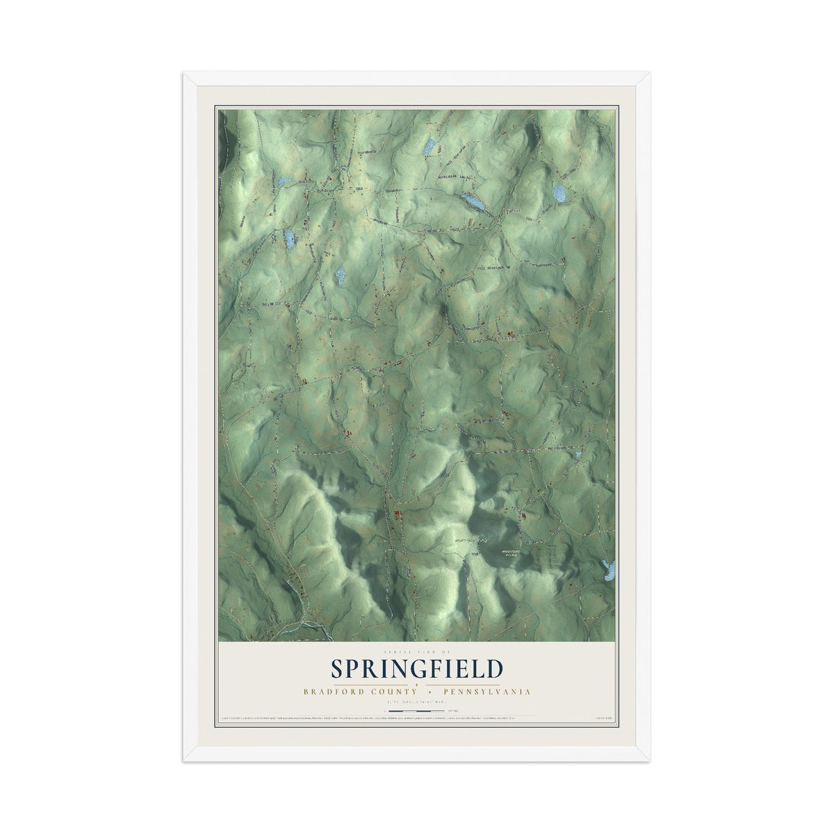 Map of Springfield, Bradford County, Pennsylvania, 12 x 18 inch print in a white wood frame