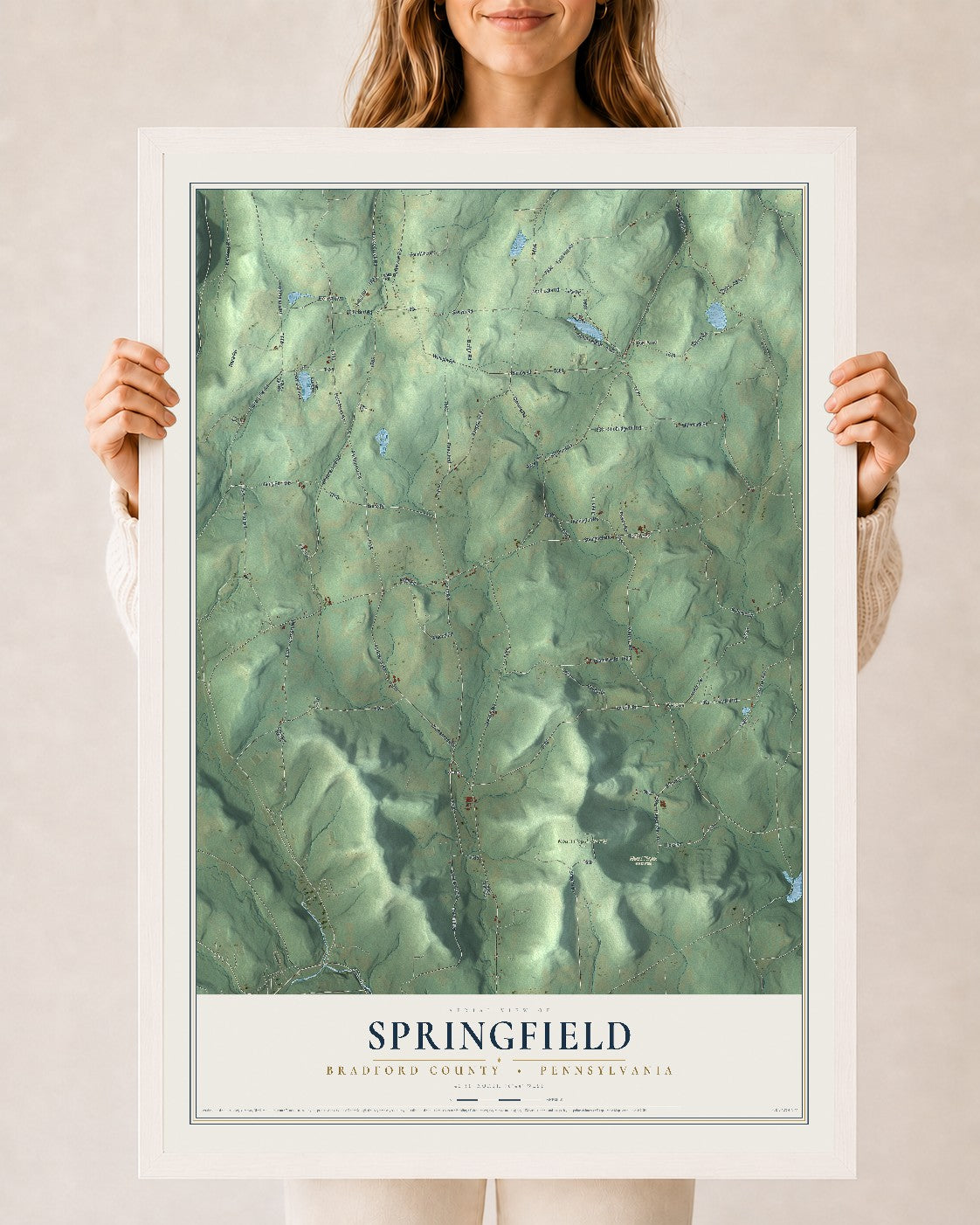 Map of Springfield, Bradford County, Pennsylvania, 24 x 36 inch print in a white wood frame