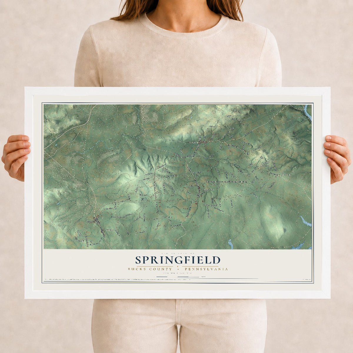 Map of Springfield, Bucks County, Pennsylvania, 12 x 18 inch print in a white wood frame