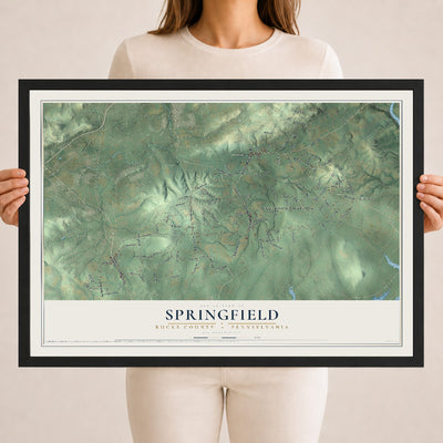 Map of Springfield, Bucks County, Pennsylvania, 18 x 24 inch print in a black wood frame