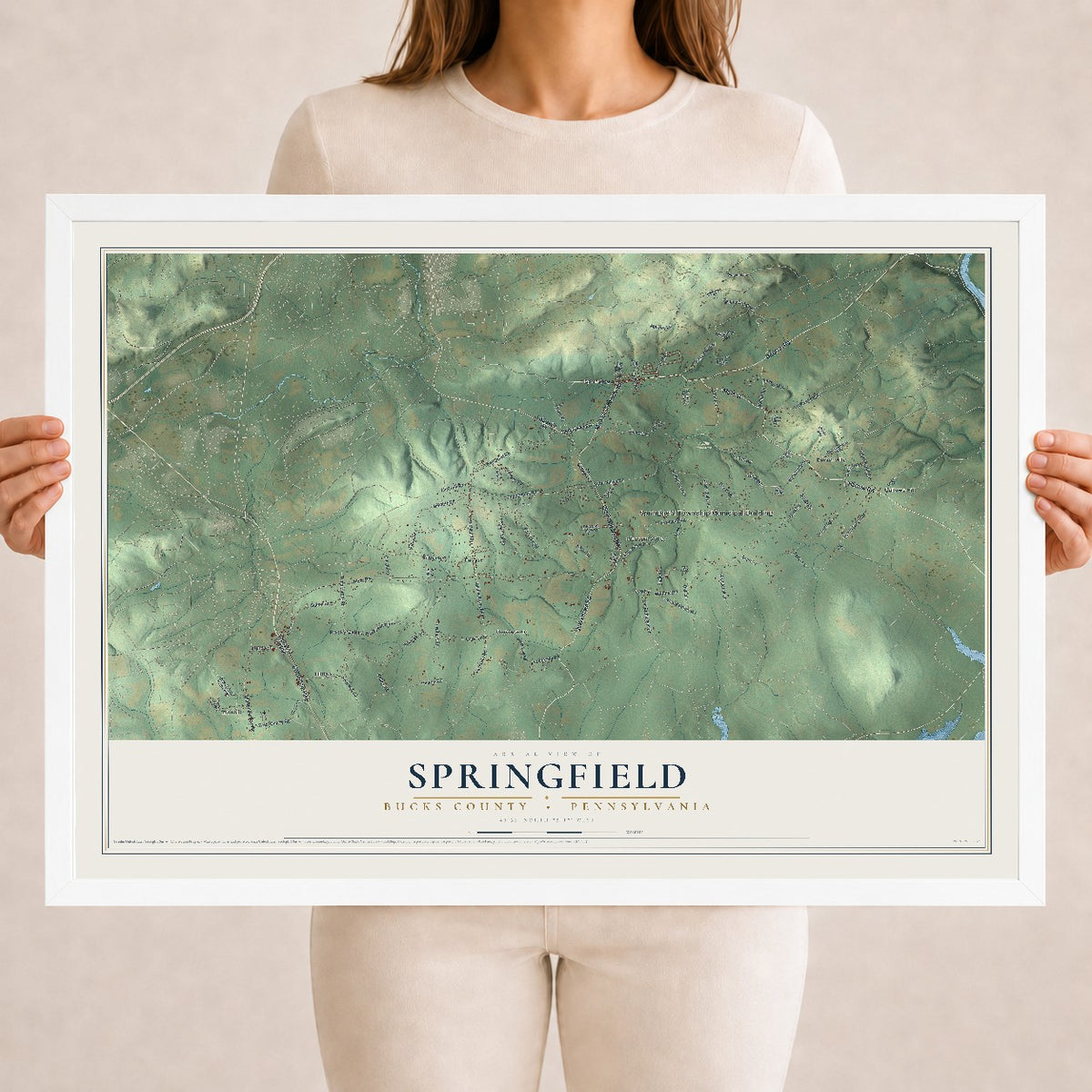 Map of Springfield, Bucks County, Pennsylvania, 18 x 24 inch print in a white wood frame