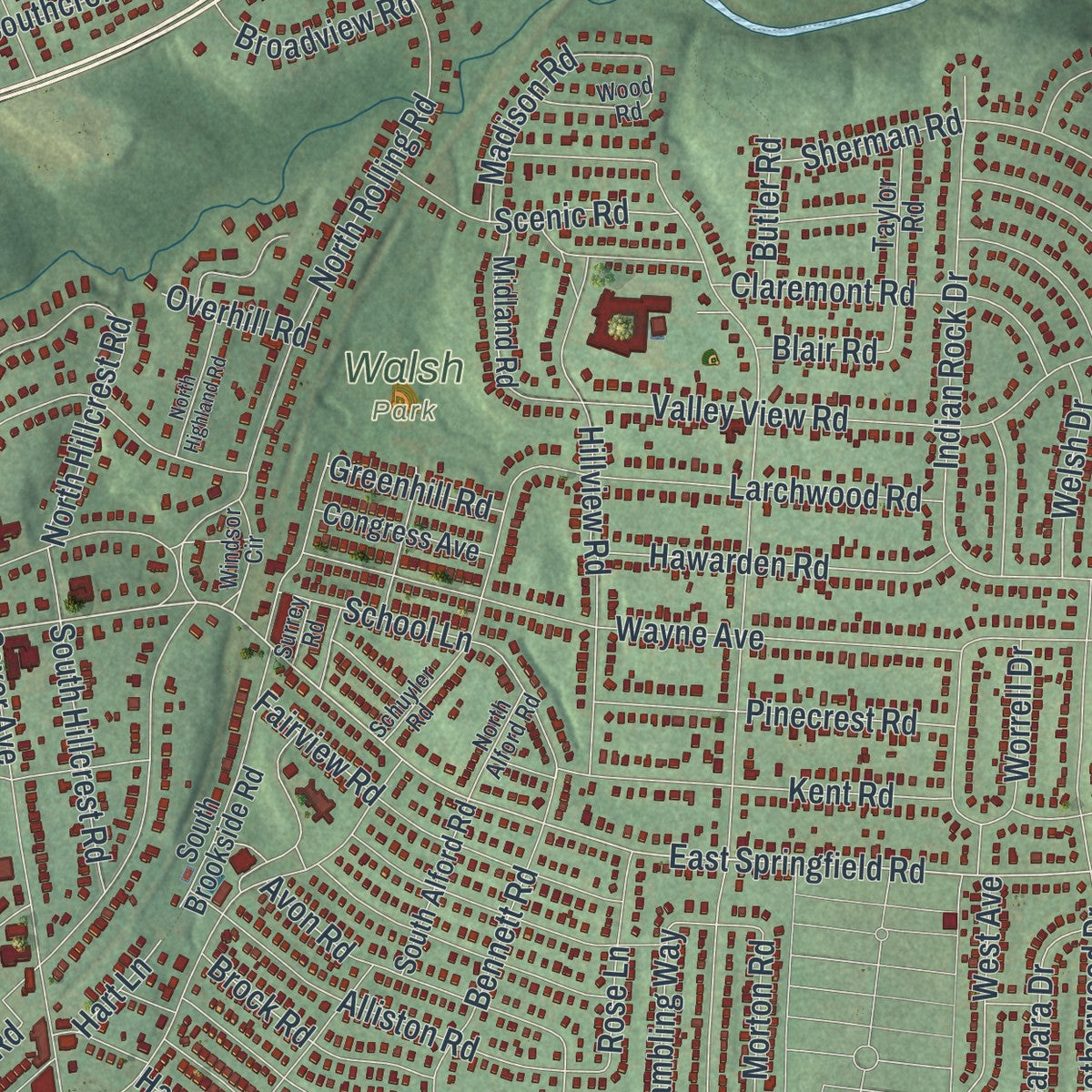 Second close-up of the map of Springfield, Delaware County, Pennsylvania print showing more streets and buildings