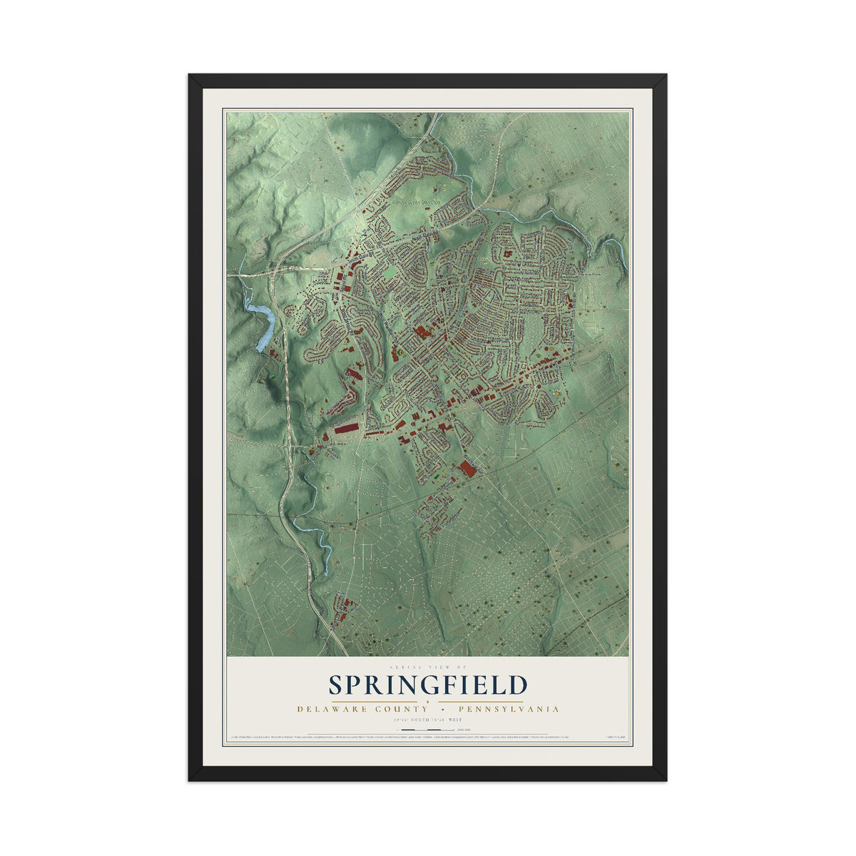Map of Springfield, Delaware County, Pennsylvania, 12 x 18 inch print in a black wood frame