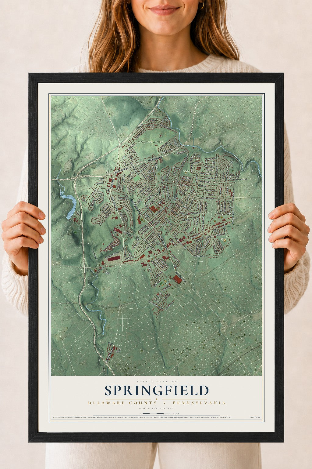 Map of Springfield, Delaware County, Pennsylvania, 18 x 24 inch print in a black wood frame