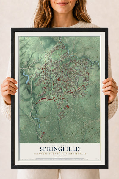 Map of Springfield, Delaware County, Pennsylvania, 18 x 24 inch print in a black wood frame