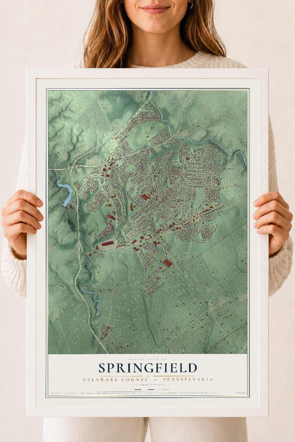 Map of Springfield, Delaware County, Pennsylvania, 18 x 24 inch print in a white wood frame