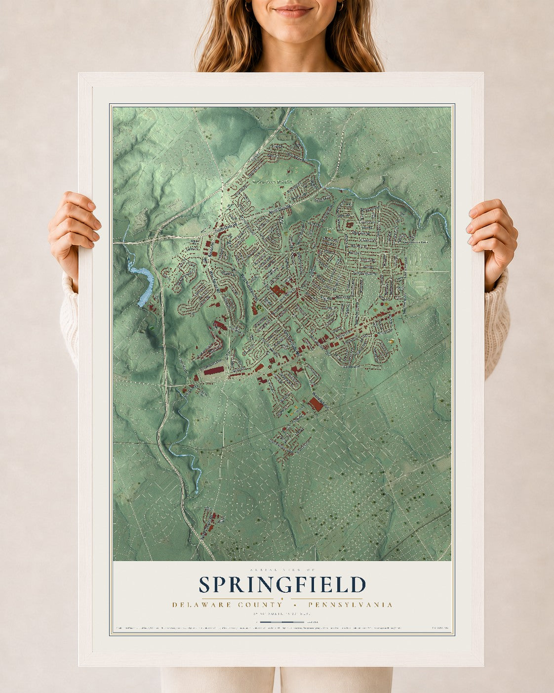 Map of Springfield, Delaware County, Pennsylvania, 24 x 36 inch print in a white wood frame