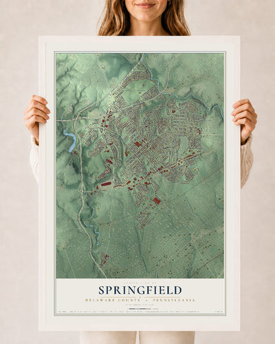Map of Springfield, Delaware County, Pennsylvania, 24 x 36 inch print in a white wood frame