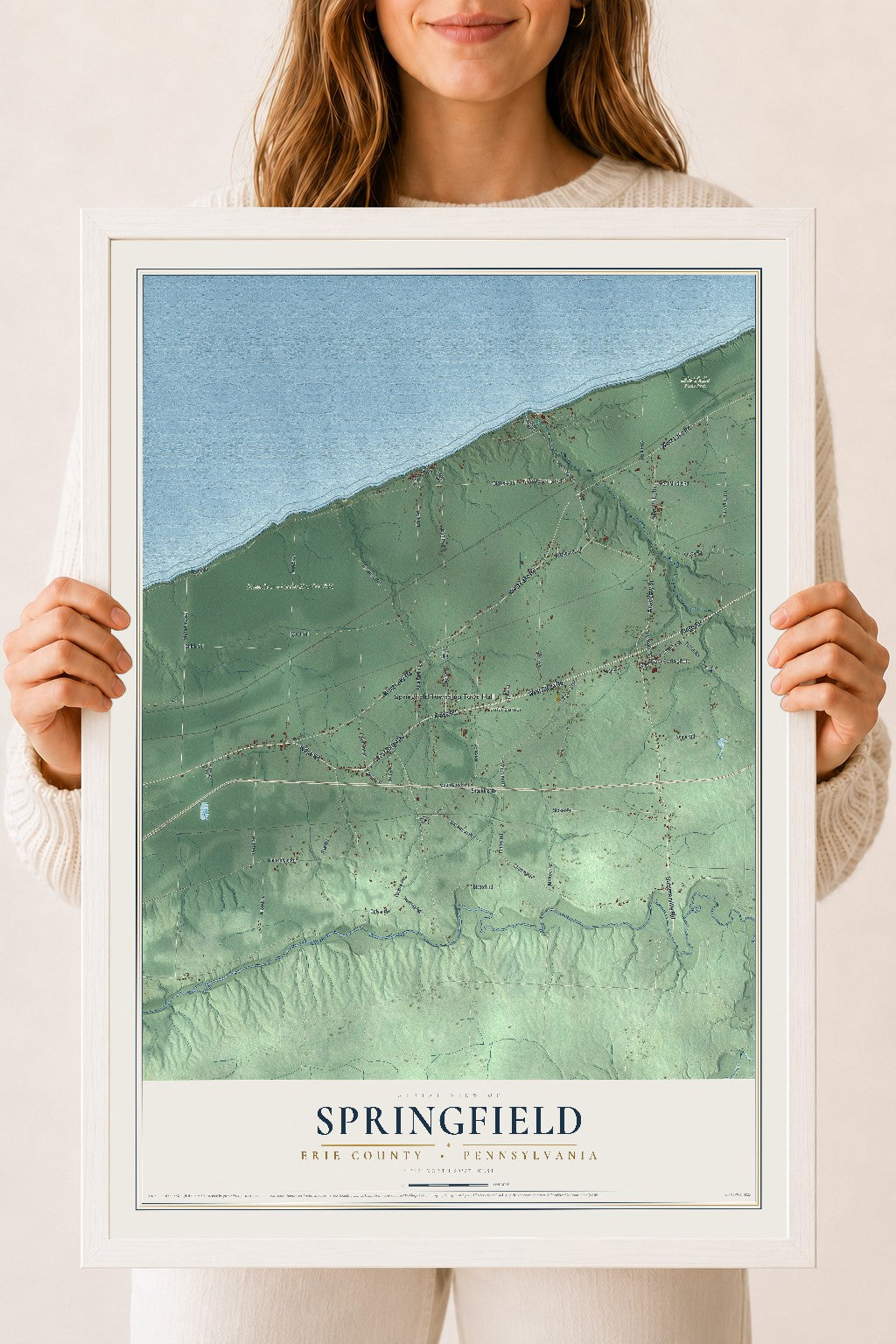 Map of Springfield, Erie County, Pennsylvania, 18 x 24 inch print in a white wood frame