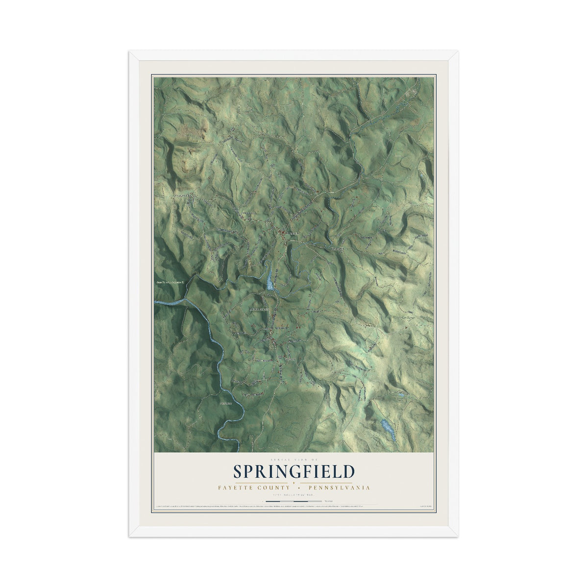 Map of Springfield, Fayette County, Pennsylvania, 12 x 18 inch print in a white wood frame