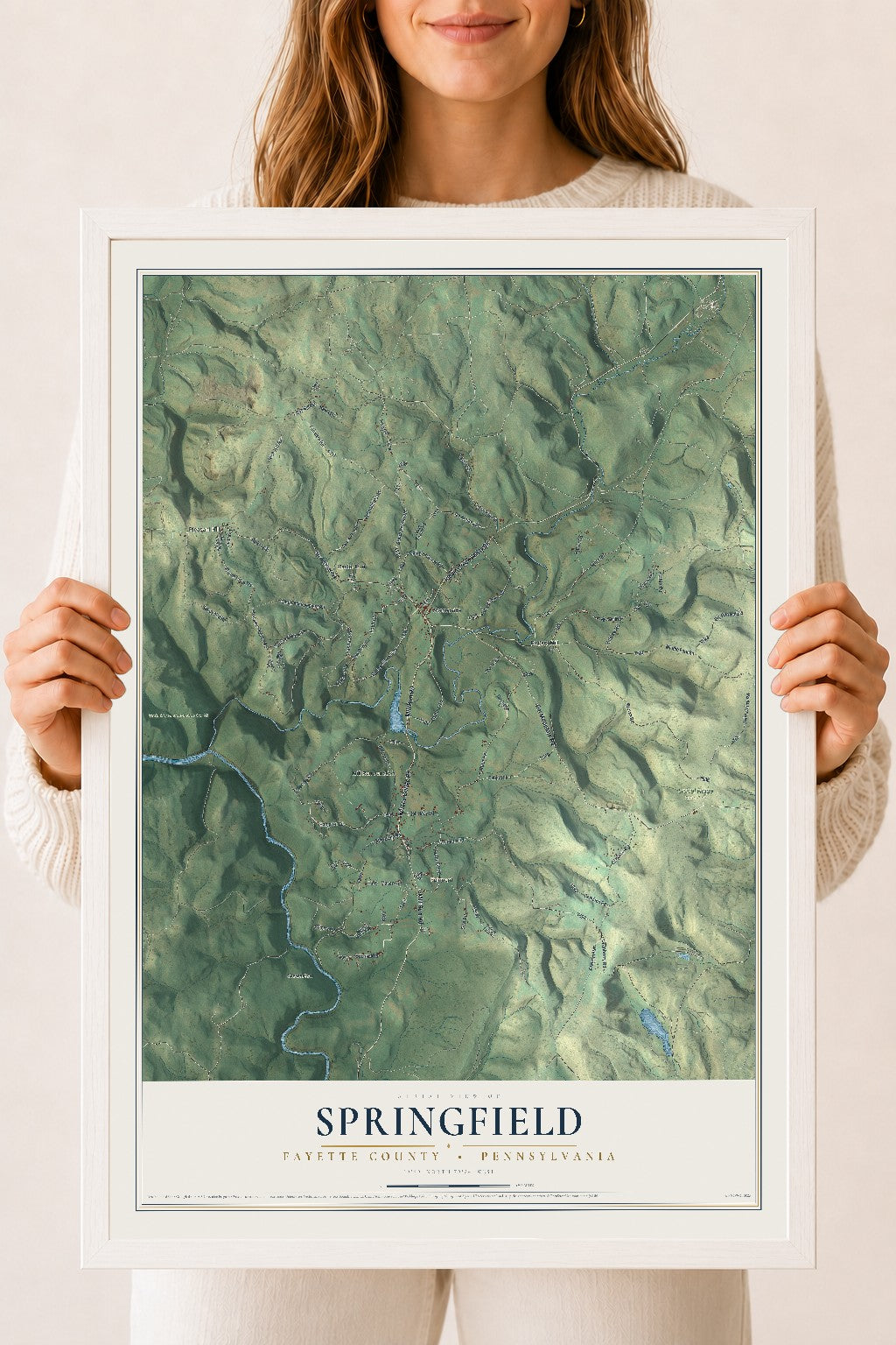 Map of Springfield, Fayette County, Pennsylvania, 18 x 24 inch print in a white wood frame