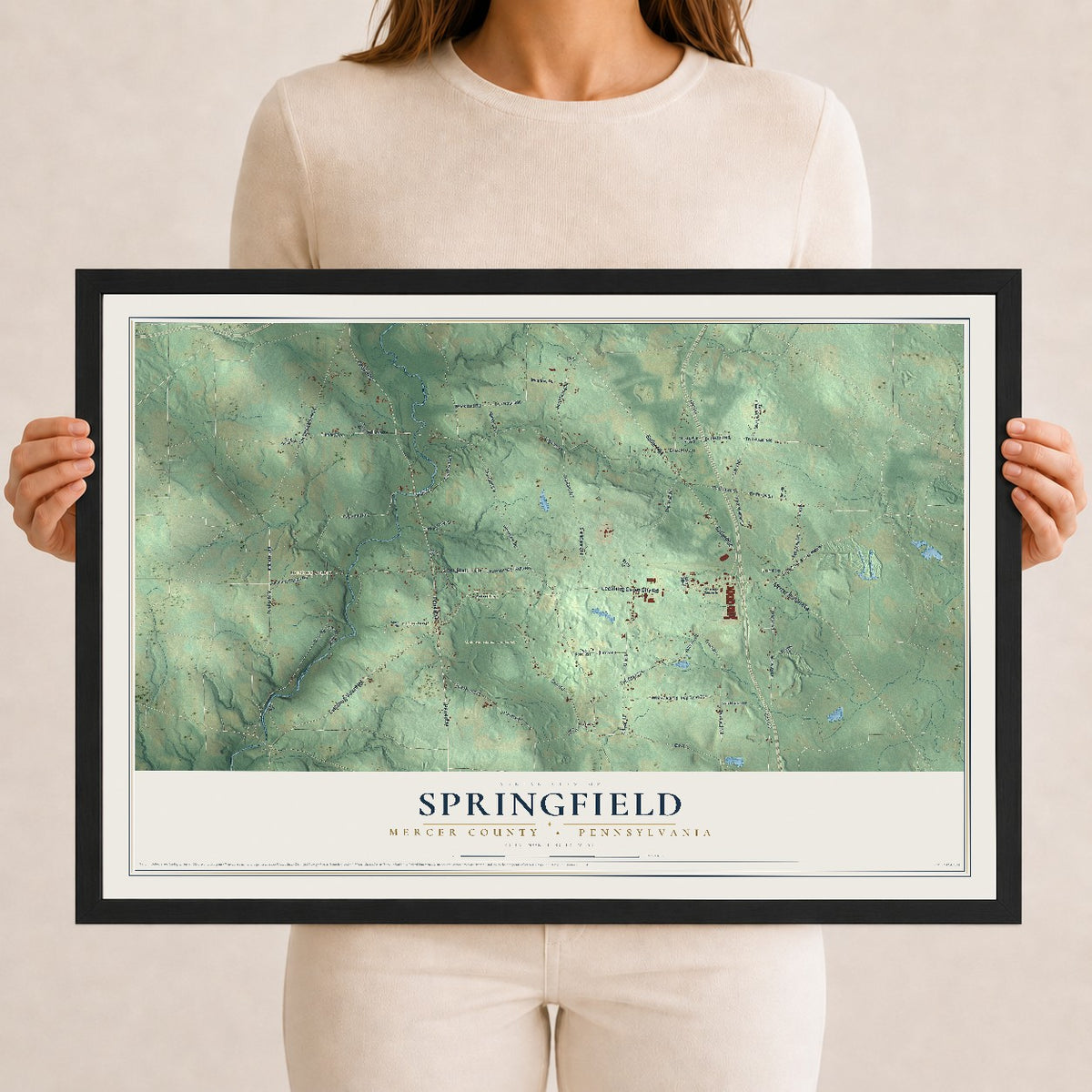 Map of Springfield, Mercer County, Pennsylvania, 12 x 18 inch print in a black wood frame