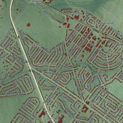 Second close-up of the map of Springfield, Montgomery County, Pennsylvania print showing more streets and buildings