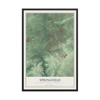 Map of Springfield, Montgomery County, Pennsylvania, 12 x 18 inch print in a black wood frame