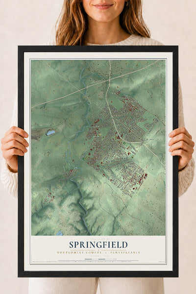 Map of Springfield, Montgomery County, Pennsylvania, 18 x 24 inch print in a black wood frame