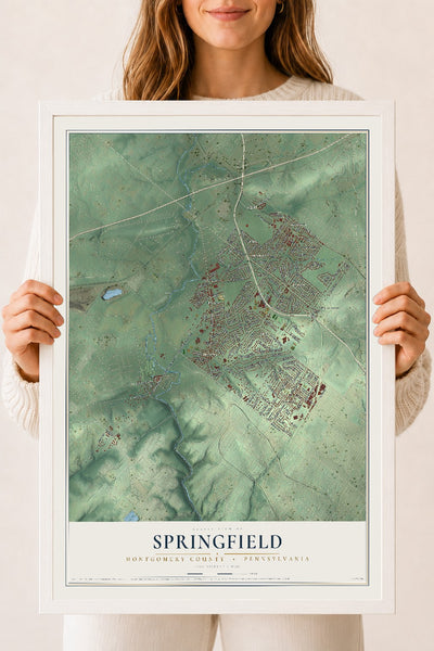 Map of Springfield, Montgomery County, Pennsylvania, 18 x 24 inch print in a white wood frame