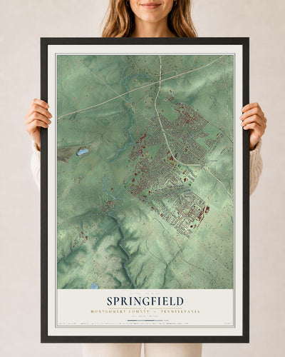 Map of Springfield, Montgomery County, Pennsylvania, 24 x 36 inch print in a black wood frame
