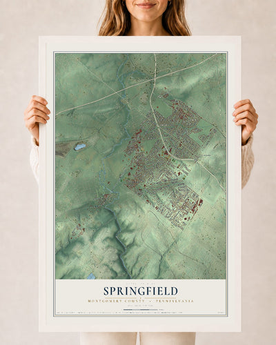 Map of Springfield, Montgomery County, Pennsylvania, 24 x 36 inch print in a white wood frame