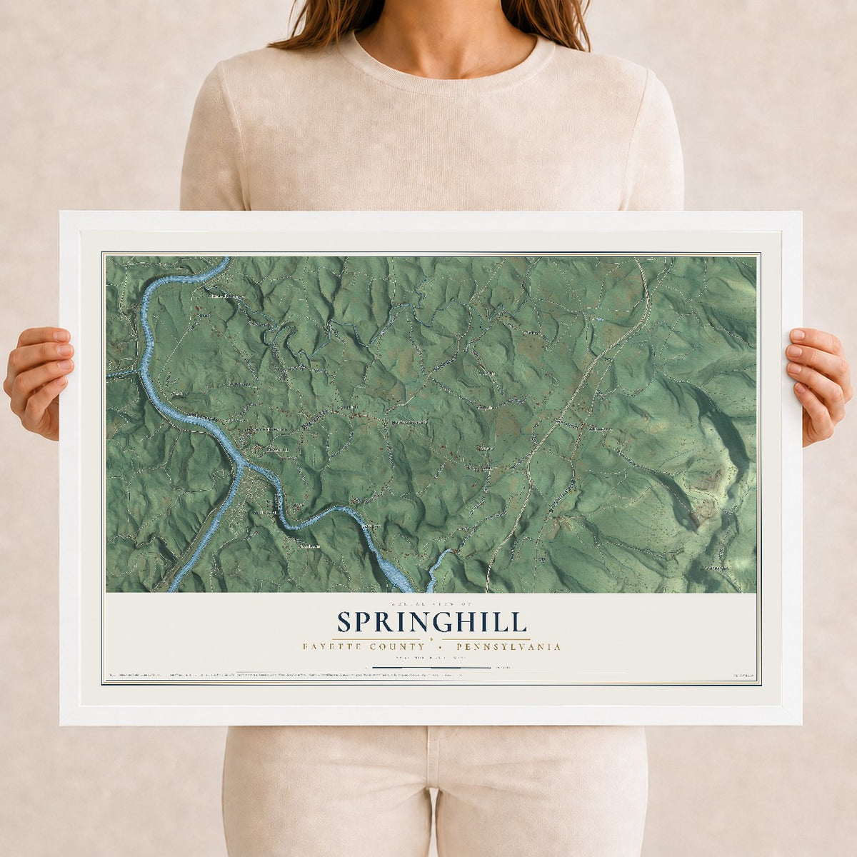 Map of Springhill, Fayette County, Pennsylvania, 12 x 18 inch print in a white wood frame