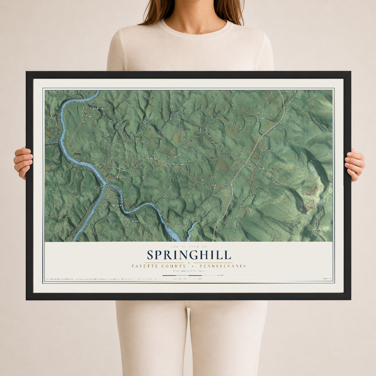 Map of Springhill, Fayette County, Pennsylvania, 24 x 36 inch print in a black wood frame