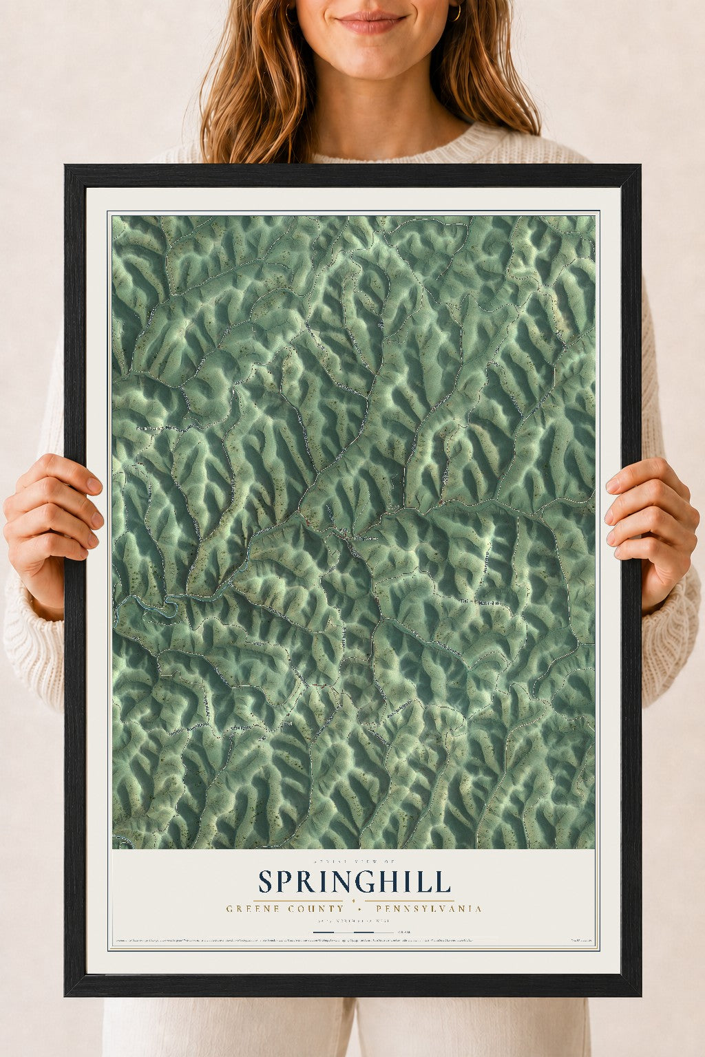 Map of Springhill, Greene County, Pennsylvania, 18 x 24 inch print in a black wood frame
