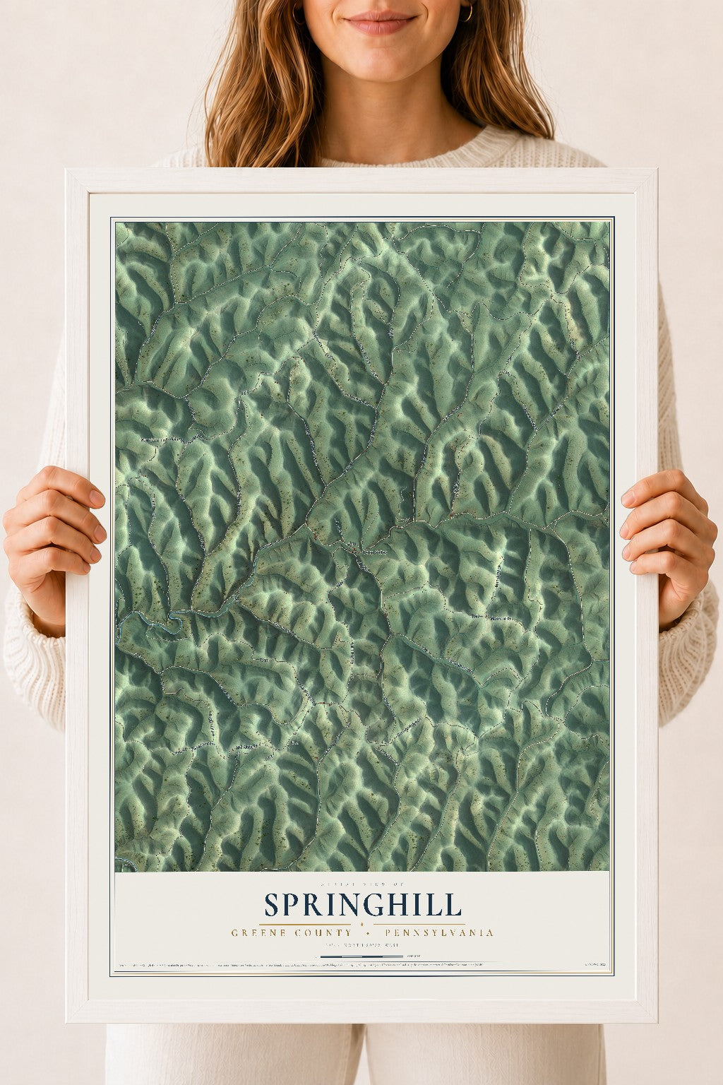 Map of Springhill, Greene County, Pennsylvania, 18 x 24 inch print in a white wood frame