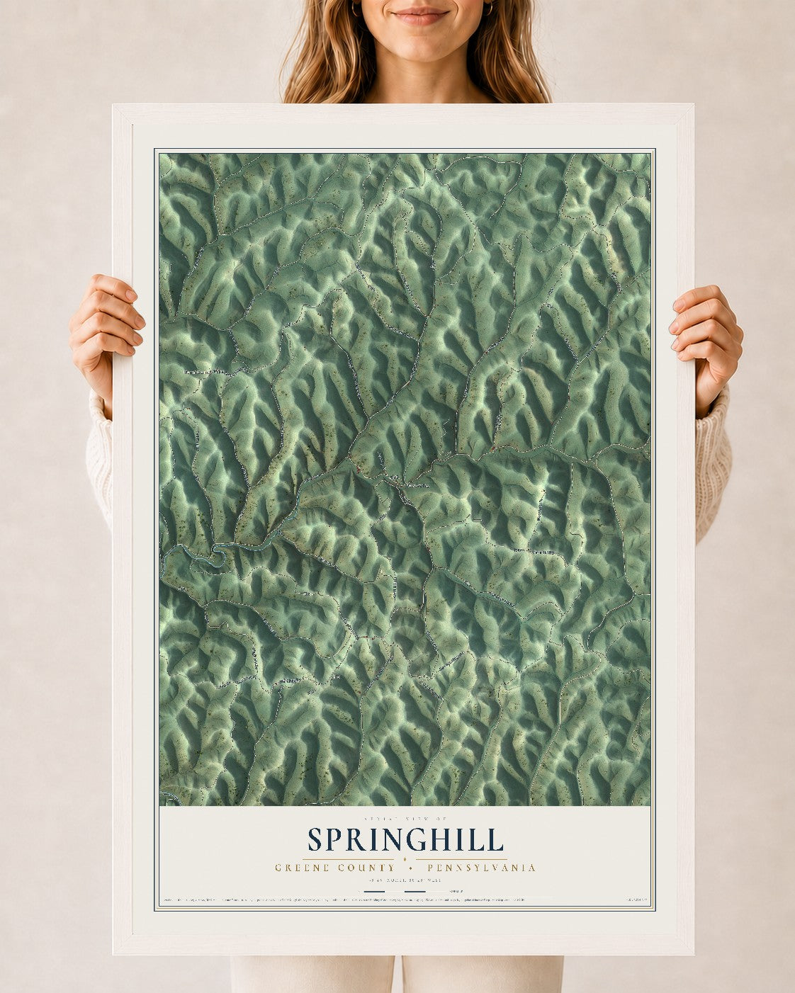Map of Springhill, Greene County, Pennsylvania, 24 x 36 inch print in a white wood frame