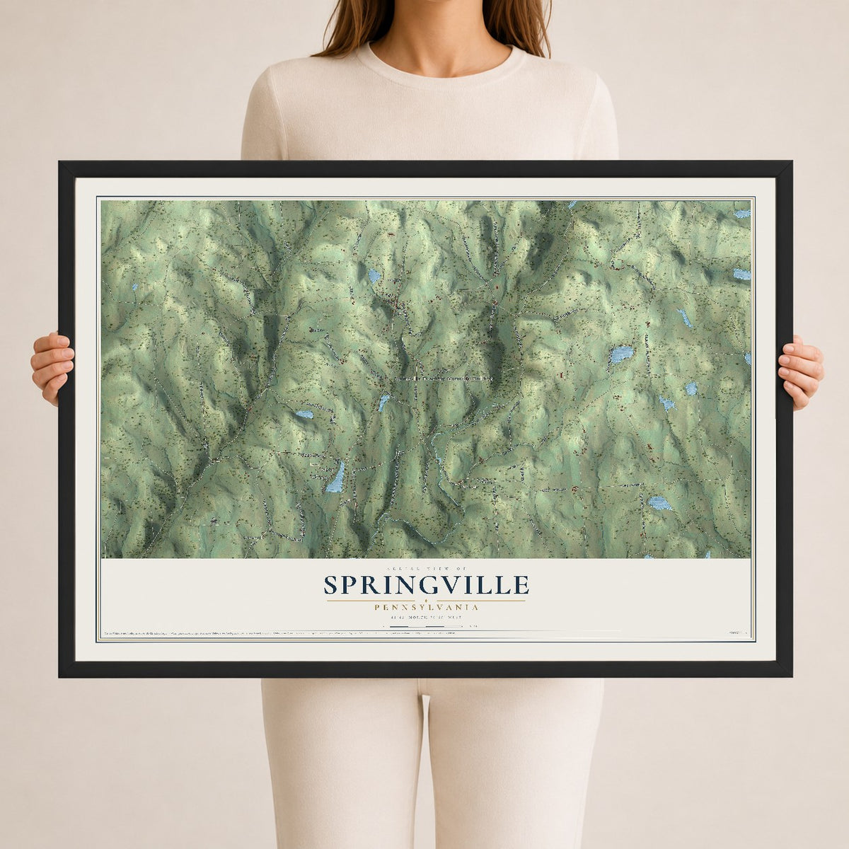 Map of Springville, Pennsylvania, 24 x 36 inch print in a black wood frame