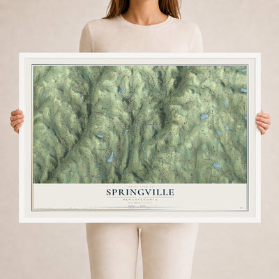 Map of Springville, Pennsylvania, 24 x 36 inch print in a white wood frame