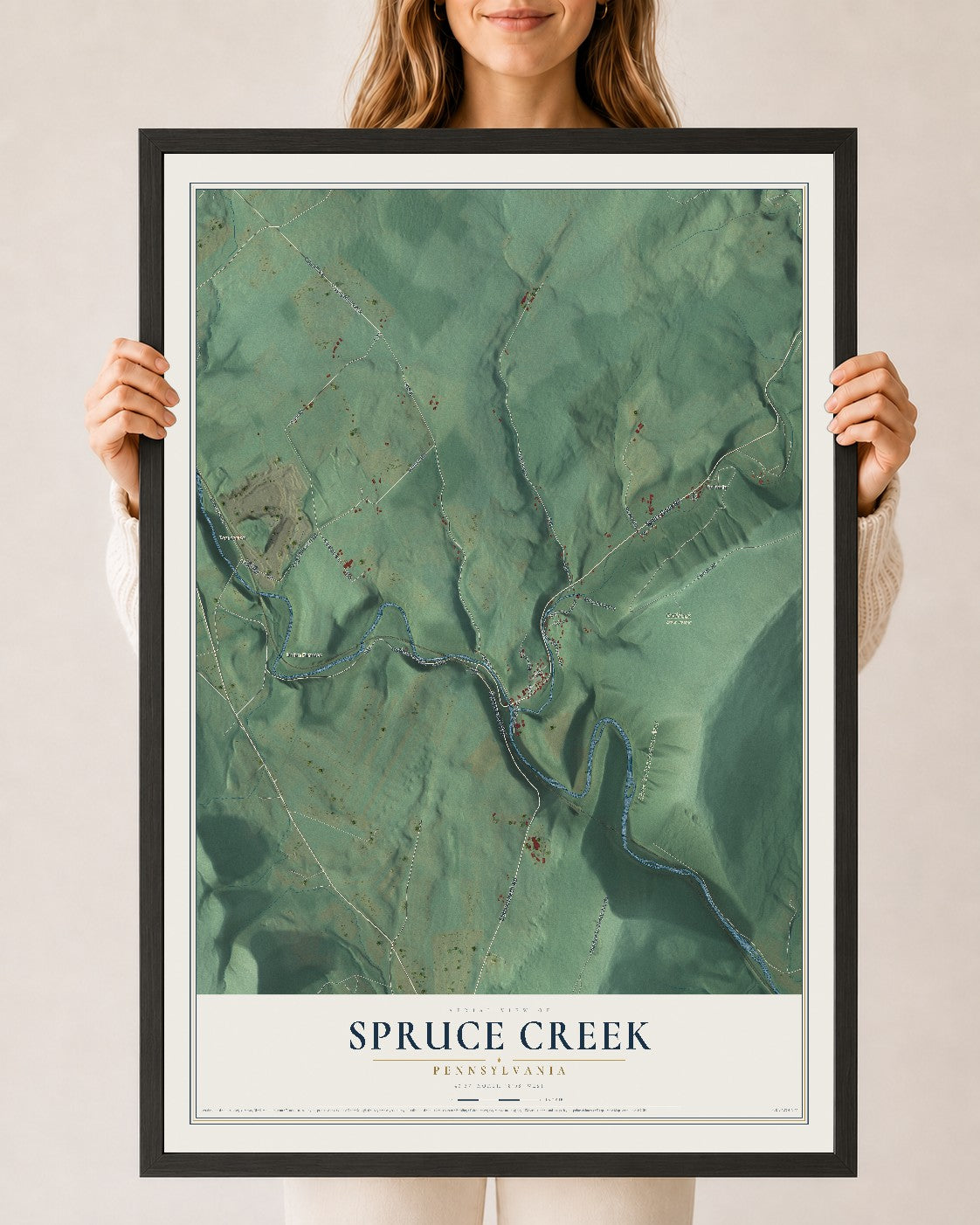 Map of Spruce Creek, Pennsylvania, 24 x 36 inch print in a black wood frame