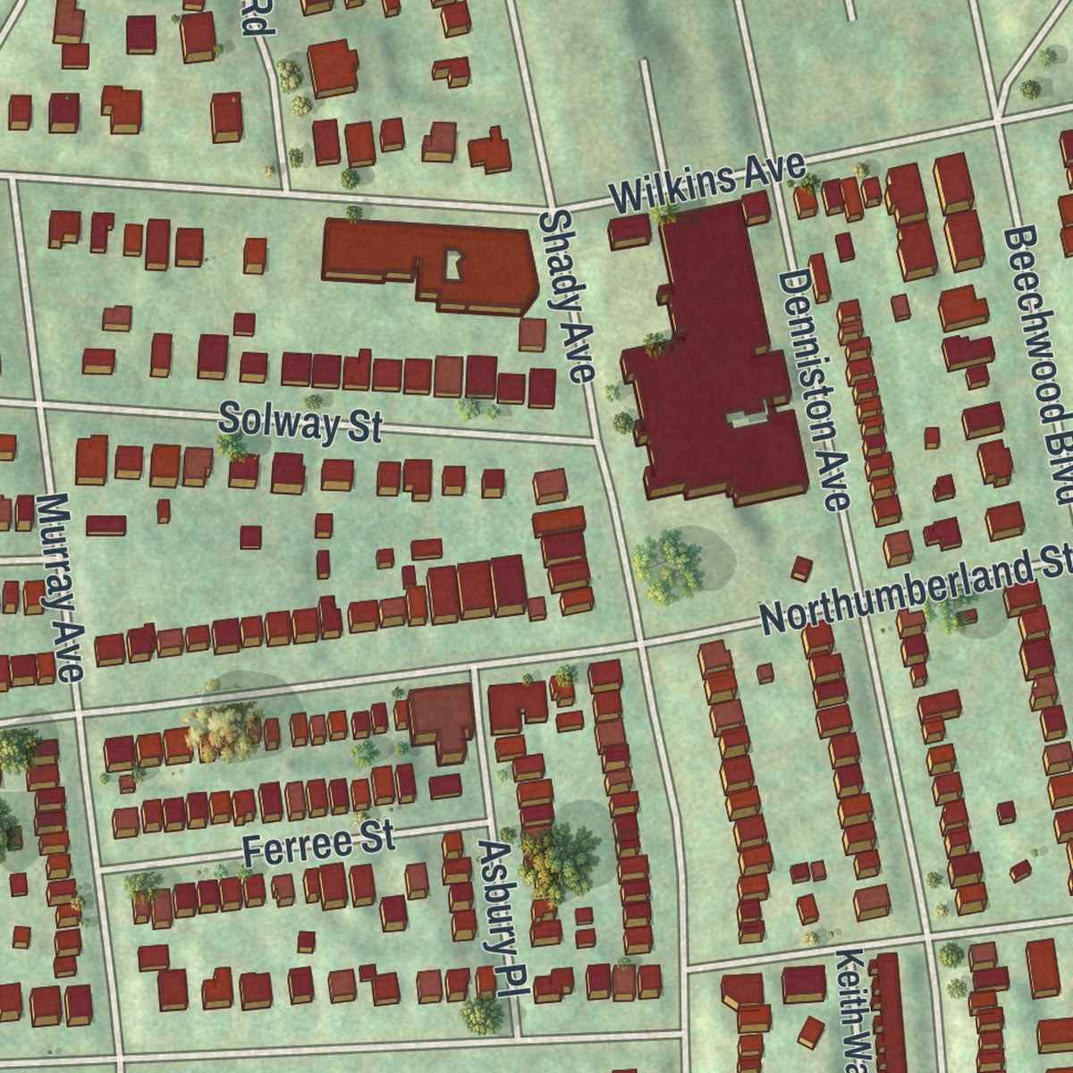 Second close-up of the map of Squirrel Hill North, Pennsylvania print showing more streets and buildings