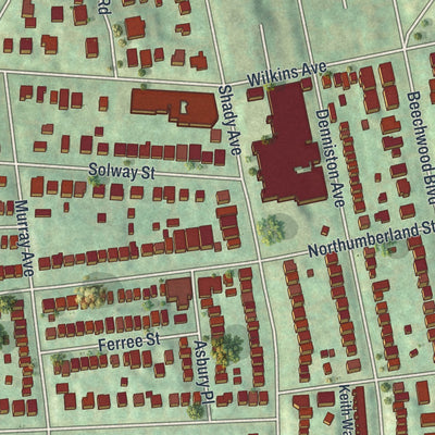 Second close-up of the map of Squirrel Hill North, Pennsylvania print showing more streets and buildings