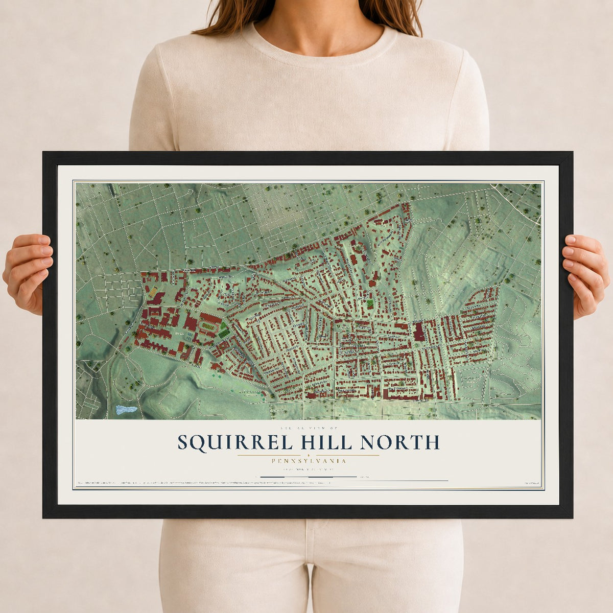 Map of Squirrel Hill North, Pennsylvania, 12 x 18 inch print in a black wood frame