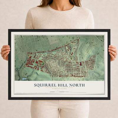 Map of Squirrel Hill North, Pennsylvania, 12 x 18 inch print in a black wood frame