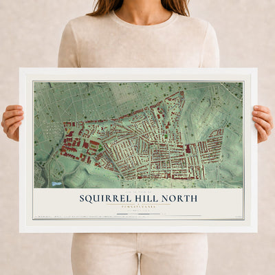Map of Squirrel Hill North, Pennsylvania, 12 x 18 inch print in a white wood frame