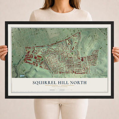 Map of Squirrel Hill North, Pennsylvania, 18 x 24 inch print in a black wood frame