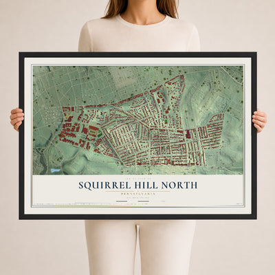 Map of Squirrel Hill North, Pennsylvania, 24 x 36 inch print in a black wood frame