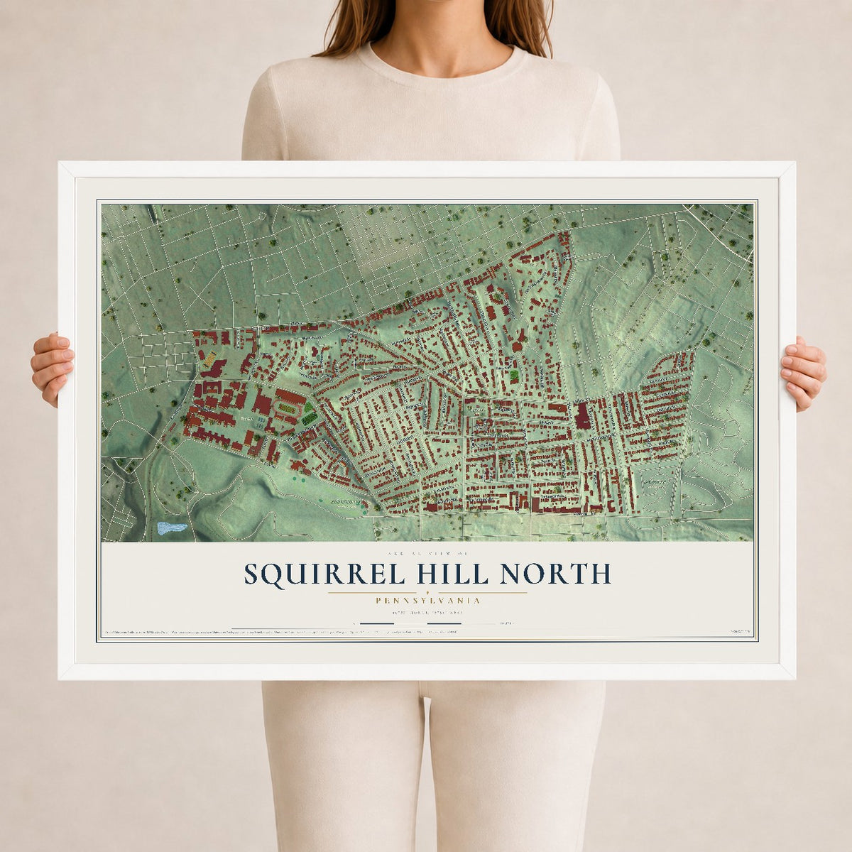 Map of Squirrel Hill North, Pennsylvania, 24 x 36 inch print in a white wood frame