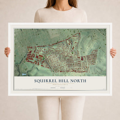 Map of Squirrel Hill North, Pennsylvania, 24 x 36 inch print in a white wood frame