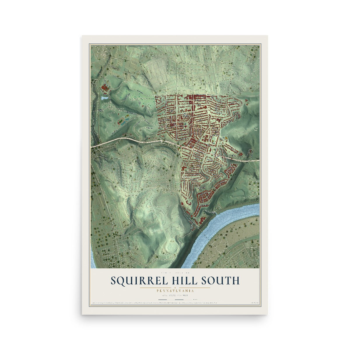 Map of Squirrel Hill South, Pennsylvania, 12 x 18 inch unframed archival matte print