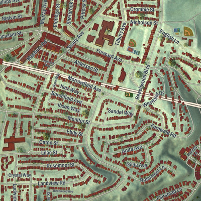 Close-up of the map of Squirrel Hill South, Pennsylvania print showing street and building detail