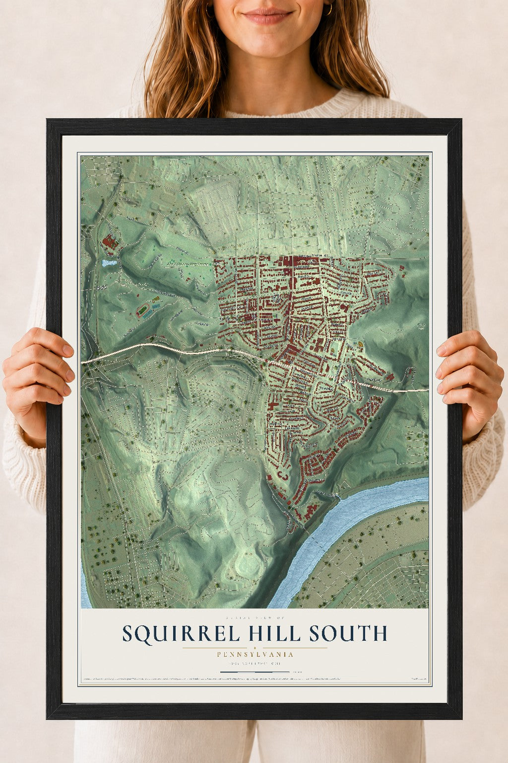 Map of Squirrel Hill South, Pennsylvania, 18 x 24 inch print in a black wood frame