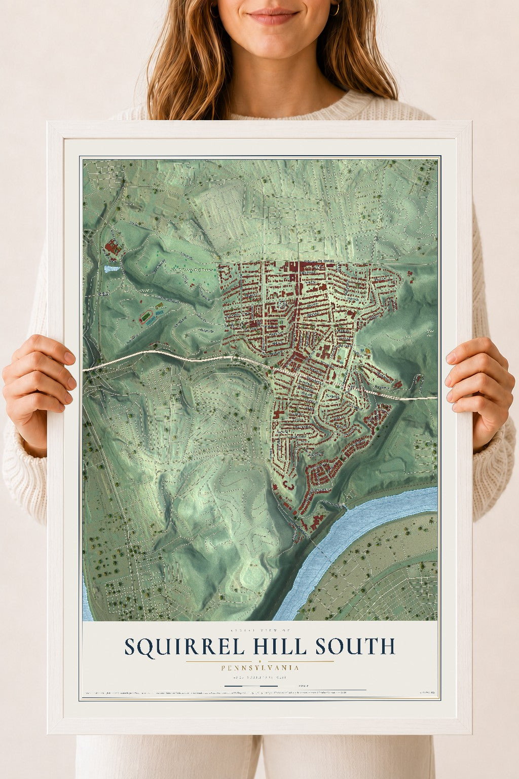 Map of Squirrel Hill South, Pennsylvania, 18 x 24 inch print in a white wood frame